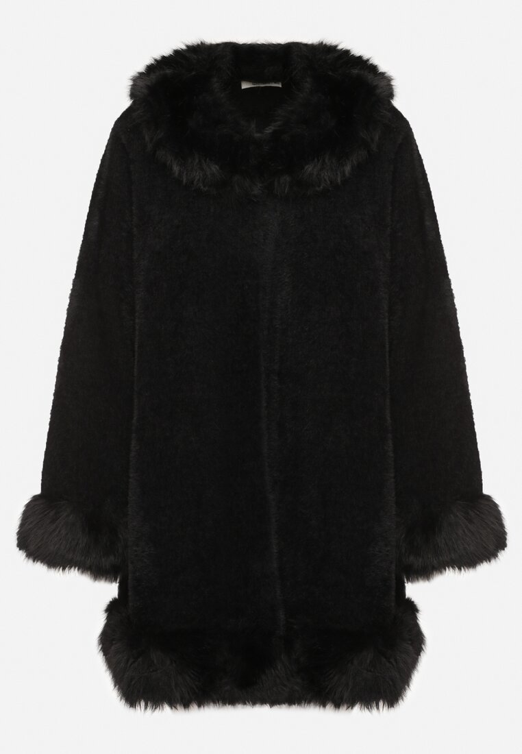 Czarny Rozkloszowany Płaszcz z Wiskozą Wełną i Odpinanym Futrzanym Kołnierzem Nesalttia