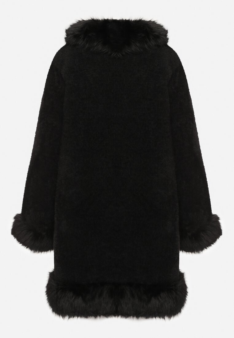 Czarny Rozkloszowany Płaszcz z Wiskozą Wełną i Odpinanym Futrzanym Kołnierzem Nesalttia