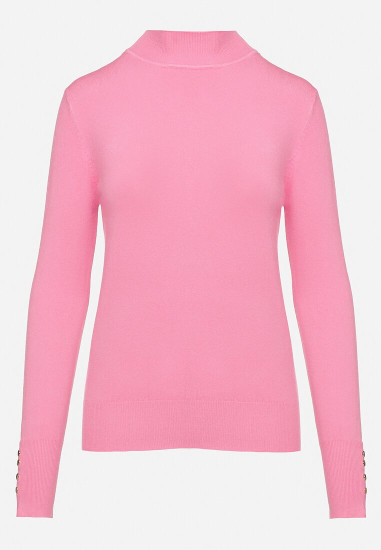 Różowy Sweter Półgolf Ozdobiony Guzikami przy Rękawach Delianor