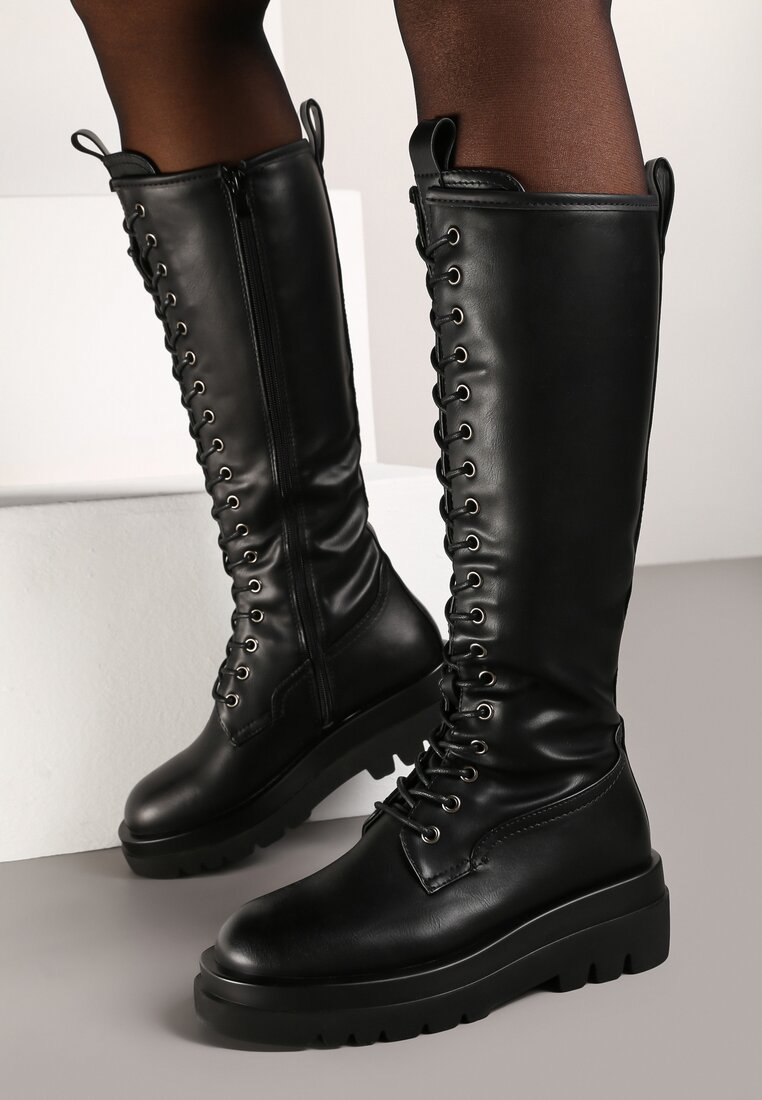 Czarne Płaskie Sznurowane Kozaki w Stylu Workerów Temili