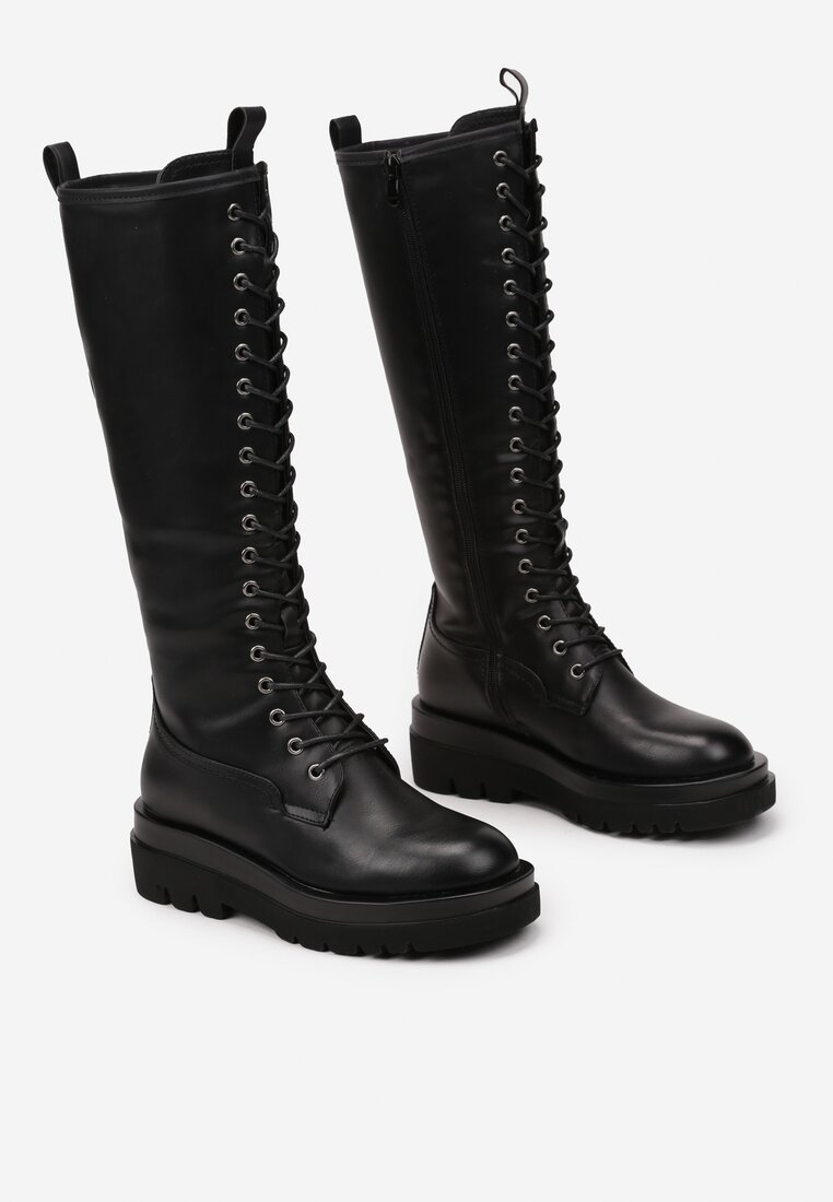 Czarne Płaskie Sznurowane Kozaki w Stylu Workerów Temili
