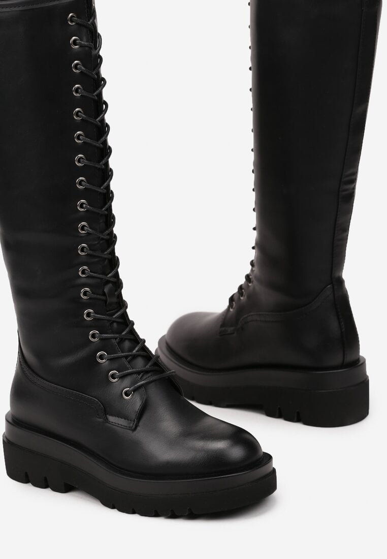 Czarne Płaskie Sznurowane Kozaki w Stylu Workerów Temili