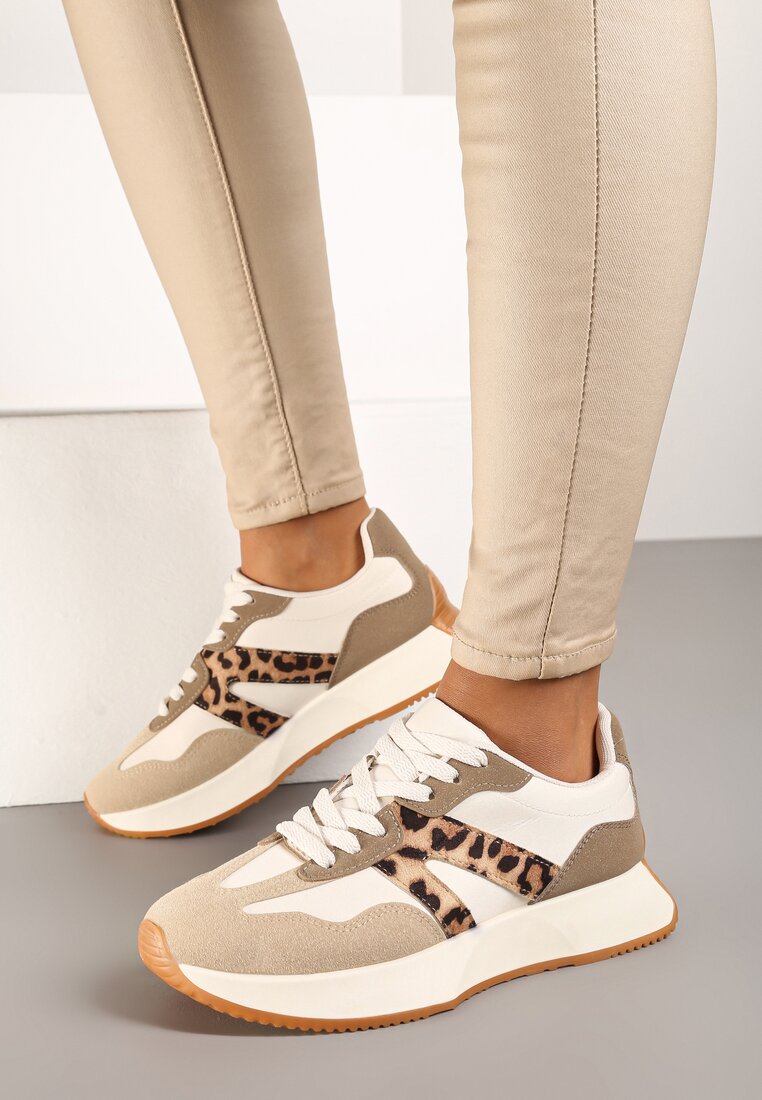 Beżowo-Białe Płaskie Sneakersy z Geometrycznym Wzorem w Panterkę Nawla