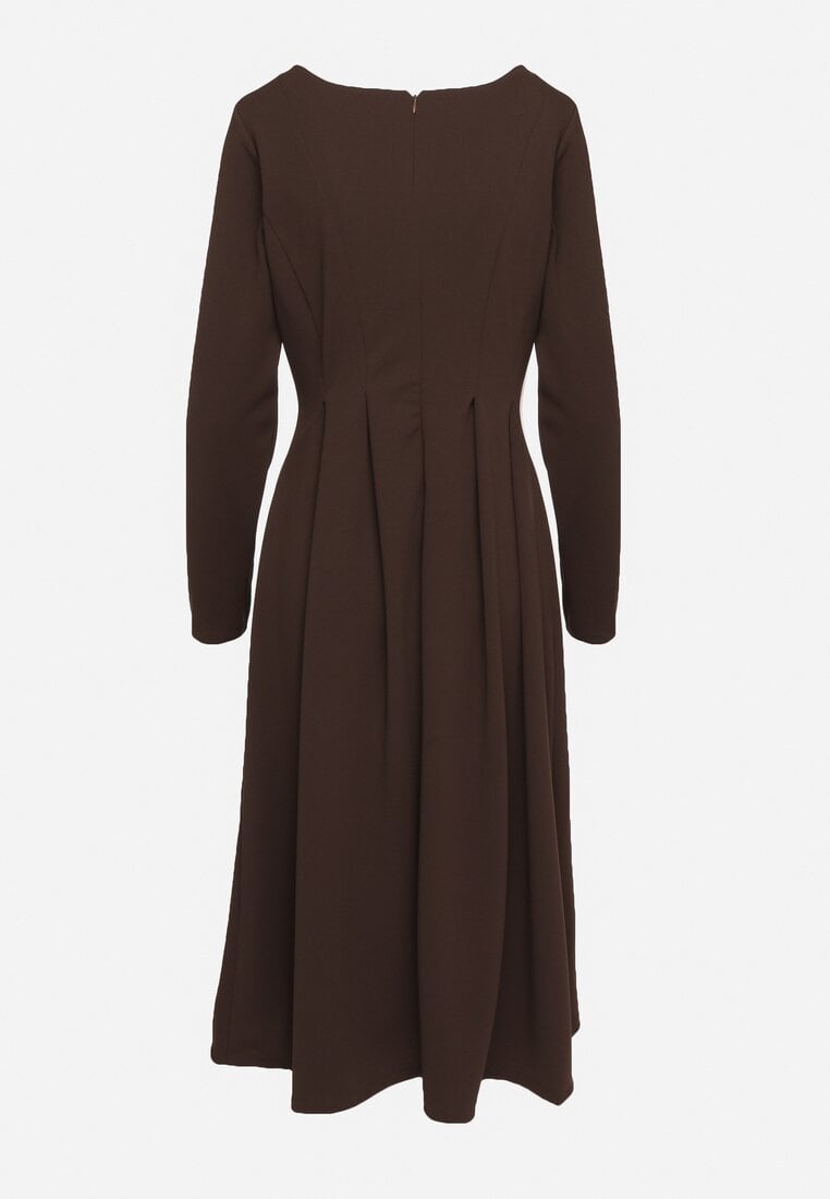 Brązowa Elegancka Sukienka Rozkloszowana Temarielis