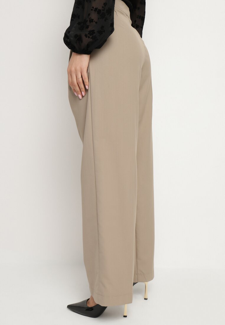Beżowe Szerokie Spodnie Garniturowe High Waist Nalinas