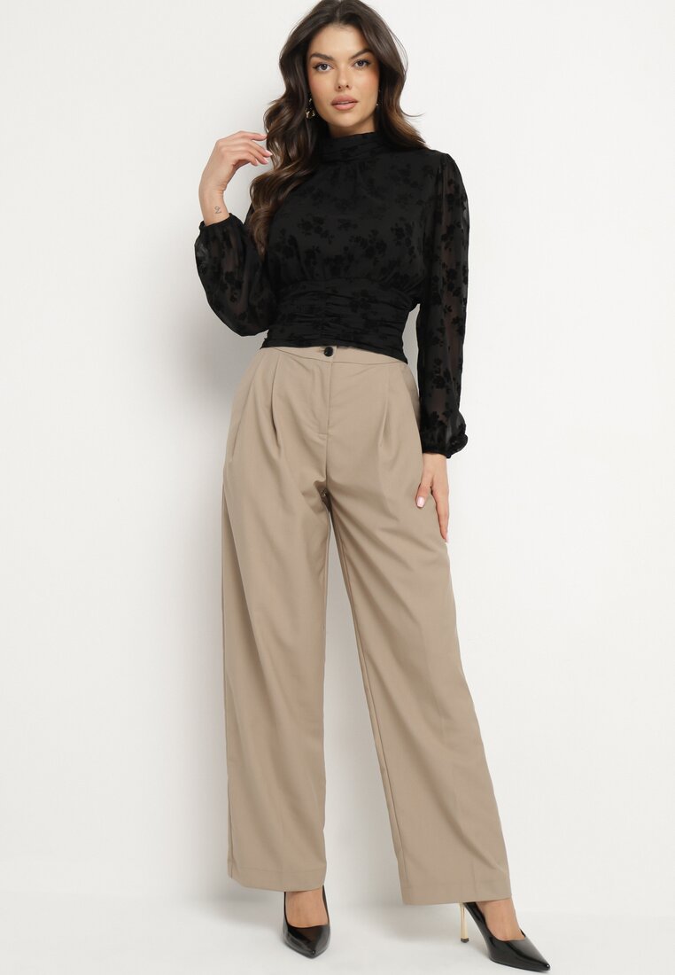 Beżowe Szerokie Spodnie Garniturowe High Waist Nalinas