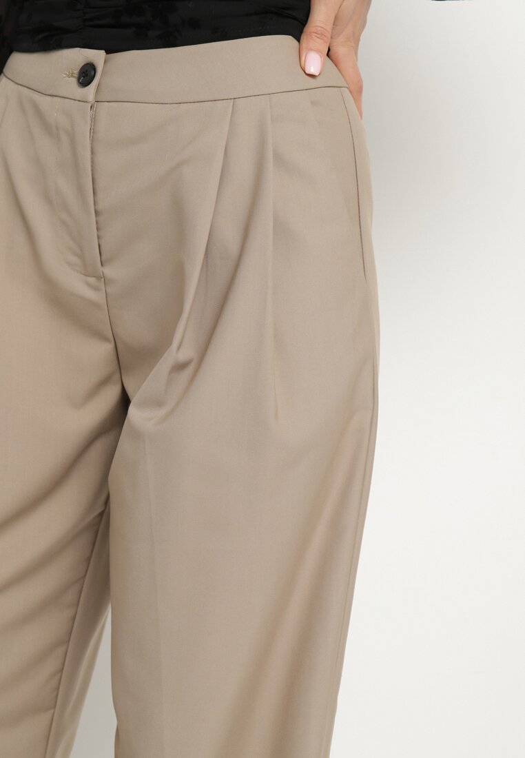 Beżowe Szerokie Spodnie Garniturowe High Waist Nalinas