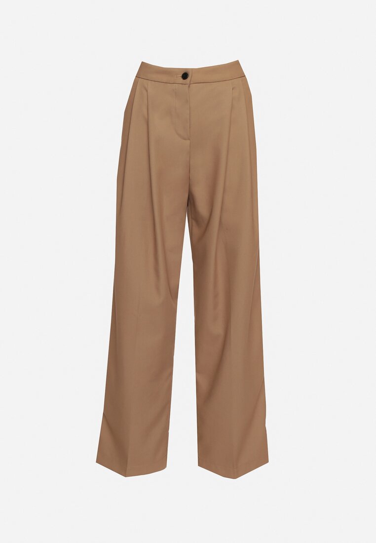 Ciemnobeżowe Szerokie Spodnie Garniturowe High Waist Nalinas