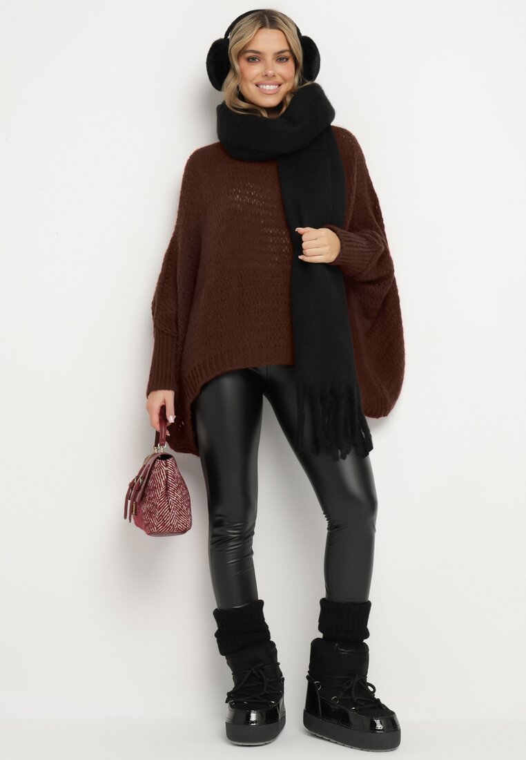 Brązowy Luźny Sweter w Stylu Ponczo Kossela