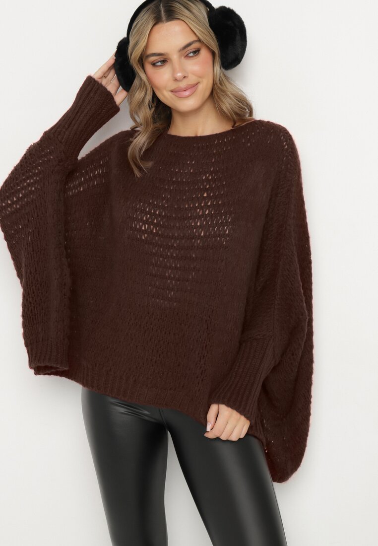 Brązowy Luźny Sweter w Stylu Ponczo Kossela