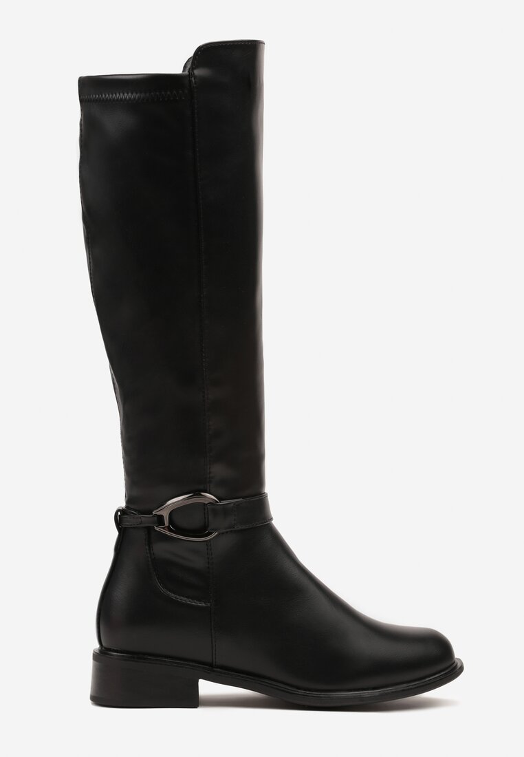 Czarne Płaskie Kozaki w Stylu Oficerek Ozdobione Klamrą z Ociepleniem Lanneth