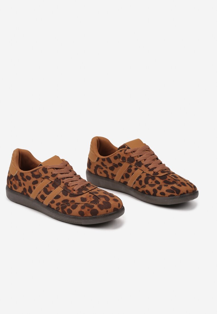 Brązowe Sneakersy z Imitacji Zamszu w Panterkę na Płaskiej Podeszwie Memeriana