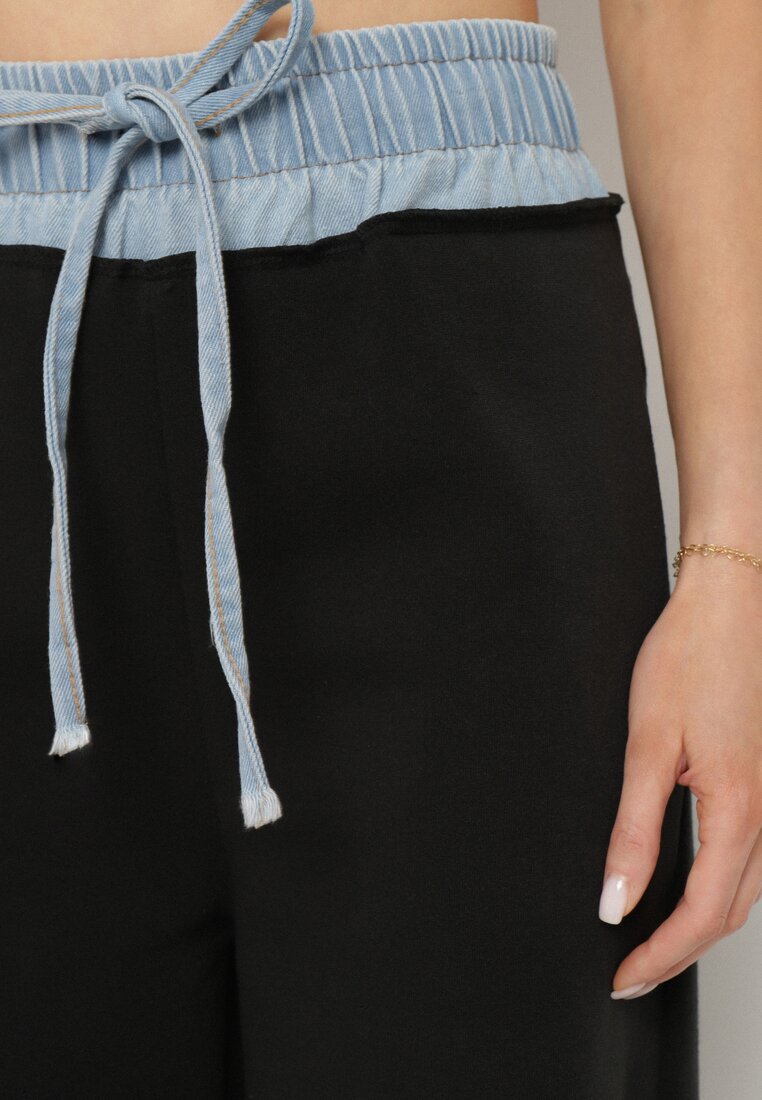Czarno-Niebieskie Szerokie Spodnie z Bawełną Wysokim Stanem i Wstawką Imitującą Jeans Tannira