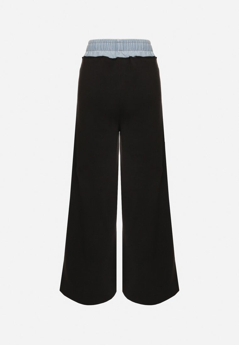 Czarno-Niebieskie Szerokie Spodnie z Bawełną Wysokim Stanem i Wstawką Imitującą Jeans Tannira