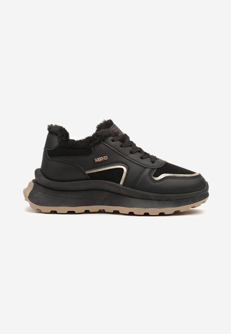 Czarne Sznurowane Sneakersy na Grubej Podeszwie z Ociepleniem i Metalicznymi Paskami Feliri