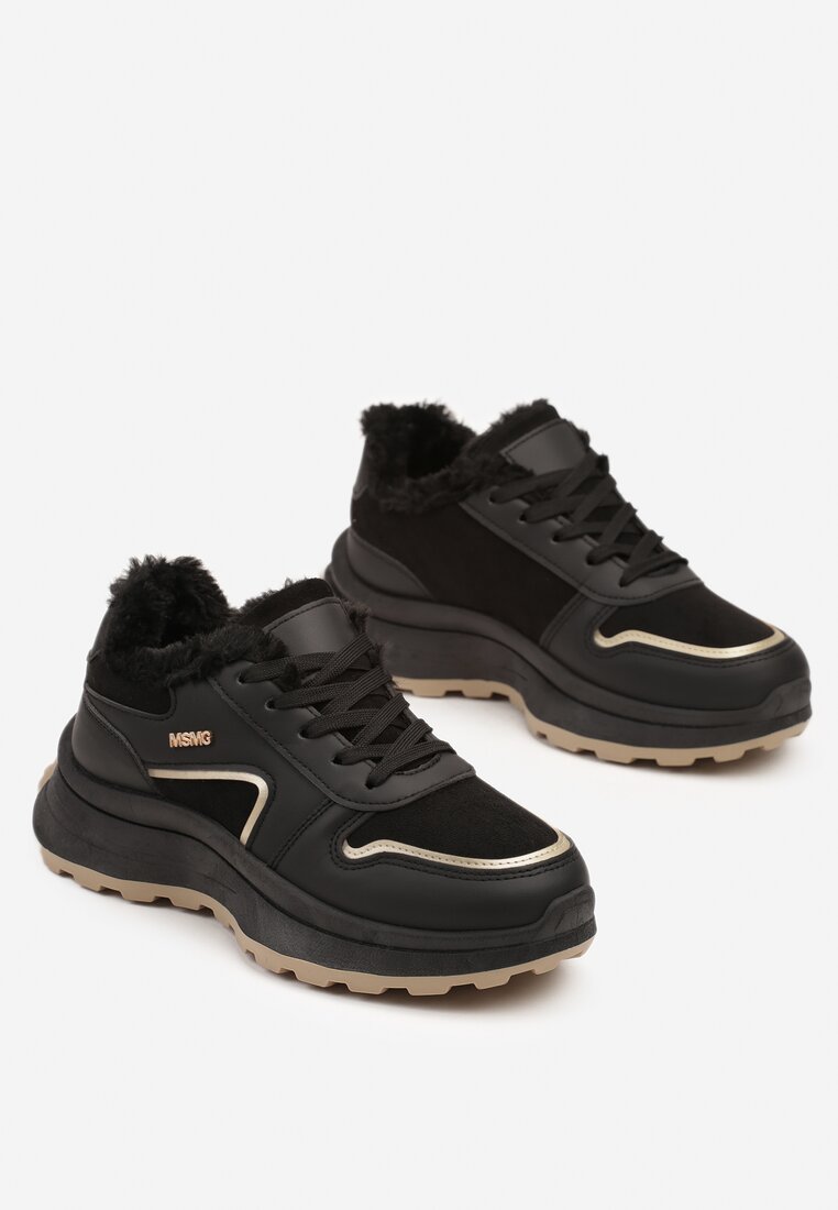 Czarne Sznurowane Sneakersy na Grubej Podeszwie z Ociepleniem i Metalicznymi Paskami Feliri