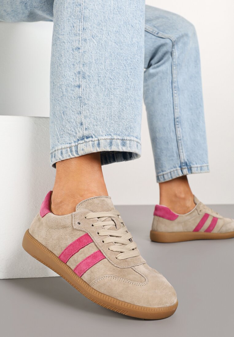 Beżowo-Różowe Sneakersy na Płaskiej Podeszwie ze Skórzaną Wkładką i Geometrycznym Wzorem Nelirria