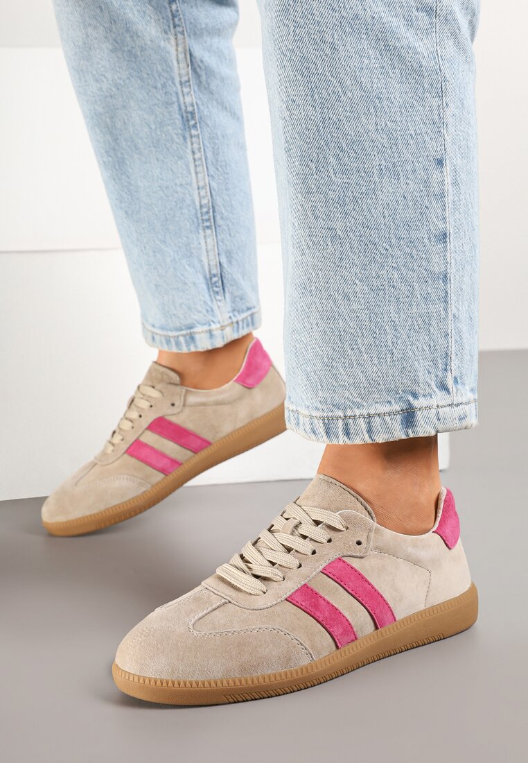 Beżowo-Różowe Sneakersy na Płaskiej Podeszwie ze Skórzaną Wkładką i Geometrycznym Wzorem Nelirria