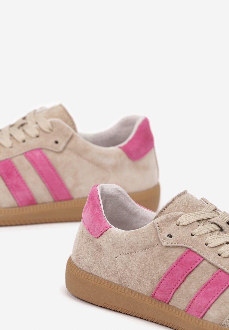 Beżowo-Różowe Sneakersy na Płaskiej Podeszwie ze Skórzaną Wkładką i Geometrycznym Wzorem Nelirria