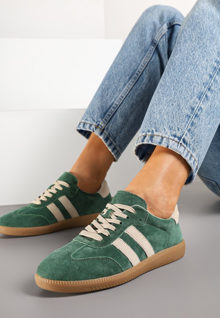 Zielone Sneakersy na Płaskiej Podeszwie ze Skórzaną Wkładką i Geometrycznym Wzorem Nelirria