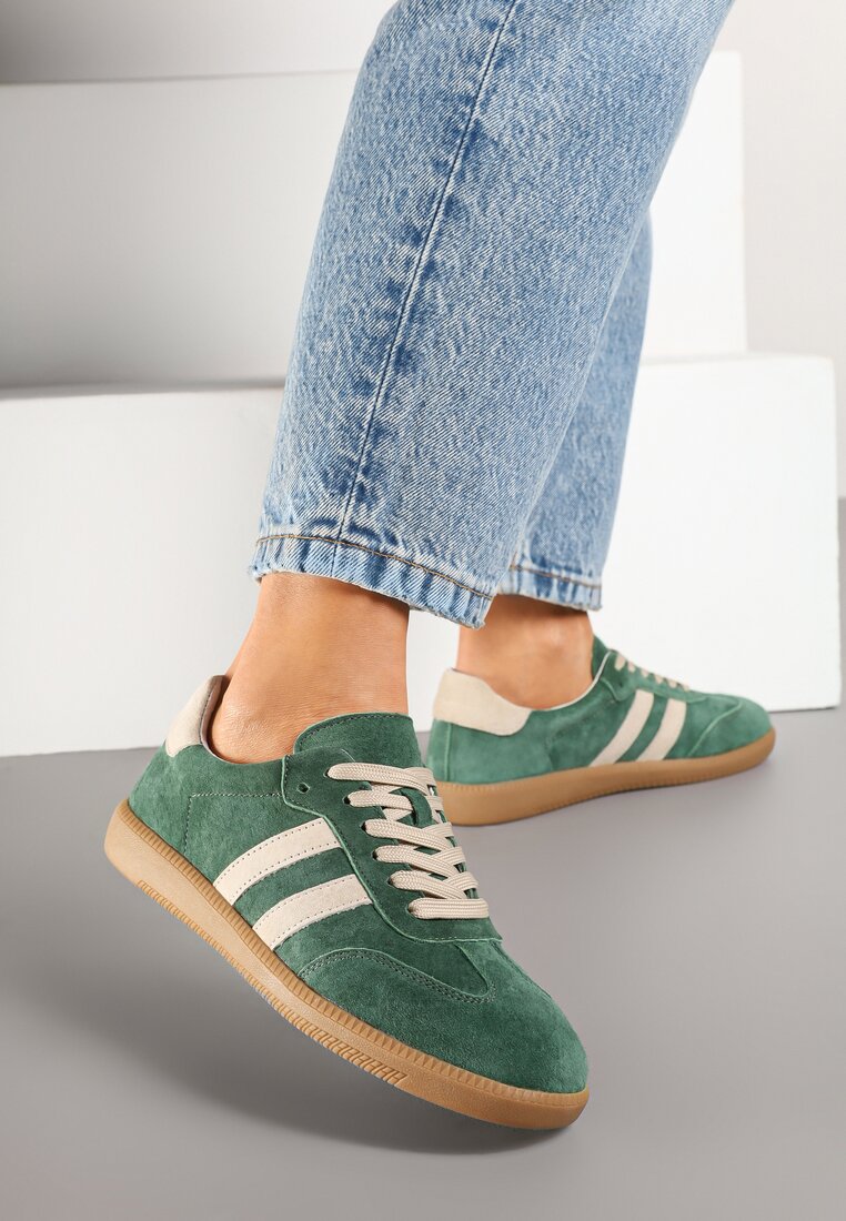 Zielone Sneakersy na Płaskiej Podeszwie ze Skórzaną Wkładką i Geometrycznym Wzorem Nelirria