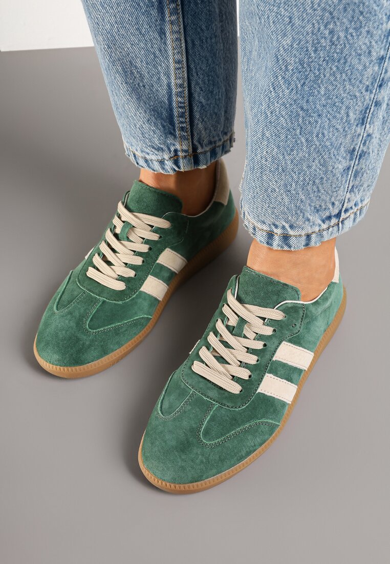 Zielone Sneakersy na Płaskiej Podeszwie ze Skórzaną Wkładką i Geometrycznym Wzorem Nelirria
