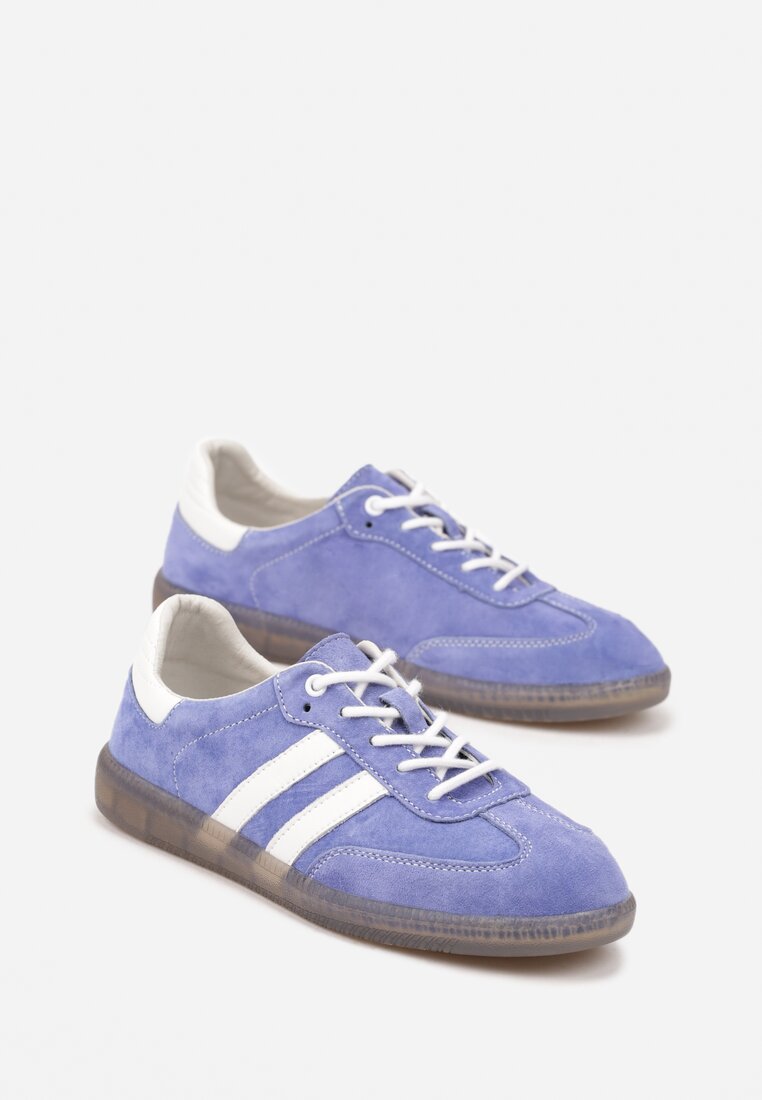 Niebieskie Skórzane Sneakersy na Płaskiej Podeszwie Ozdobione Paskami Nelavirae