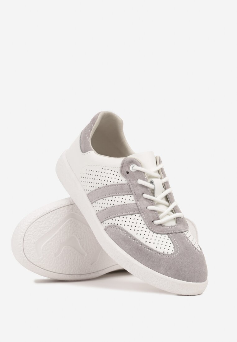 Szaro-Białe Płaskie Sneakersy ze Skóry Naturalnej Ozdobione Perforacją i Paskami Nelithor