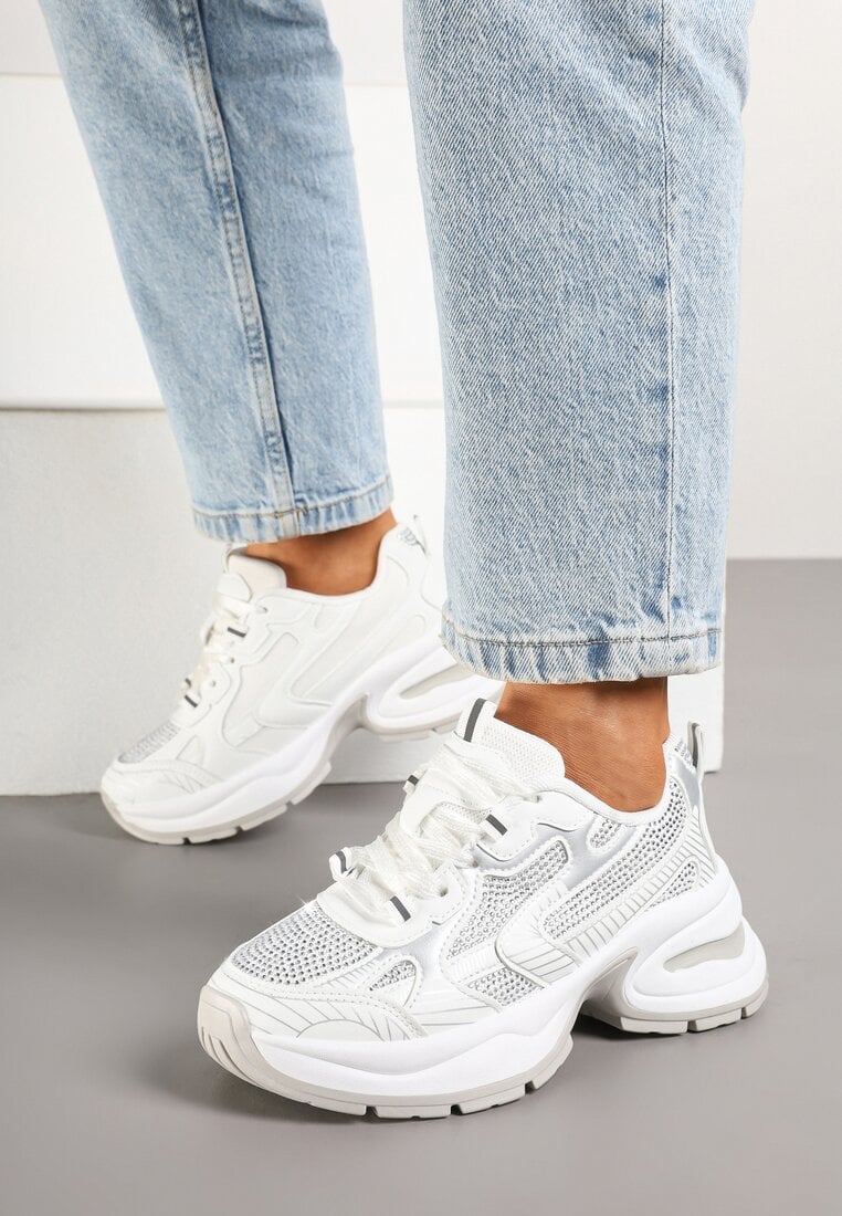 Białe Sneakersy Streetwearowe na Grubej Podeszwie Zdobione Brokatem Felanwea