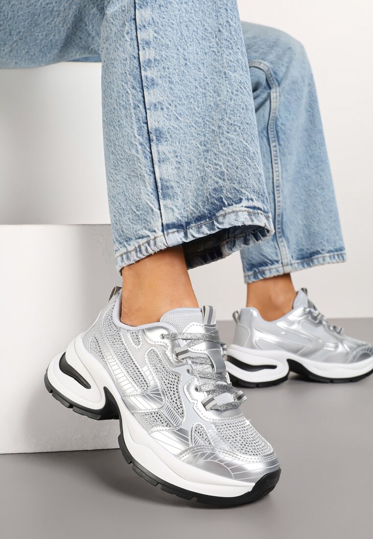 Srebrne Sneakersy Streetwearowe na Grubej Podeszwie Zdobione Brokatem Felanwea