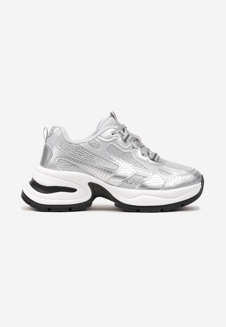 Srebrne Sneakersy Streetwearowe na Grubej Podeszwie Zdobione Brokatem Felanwea