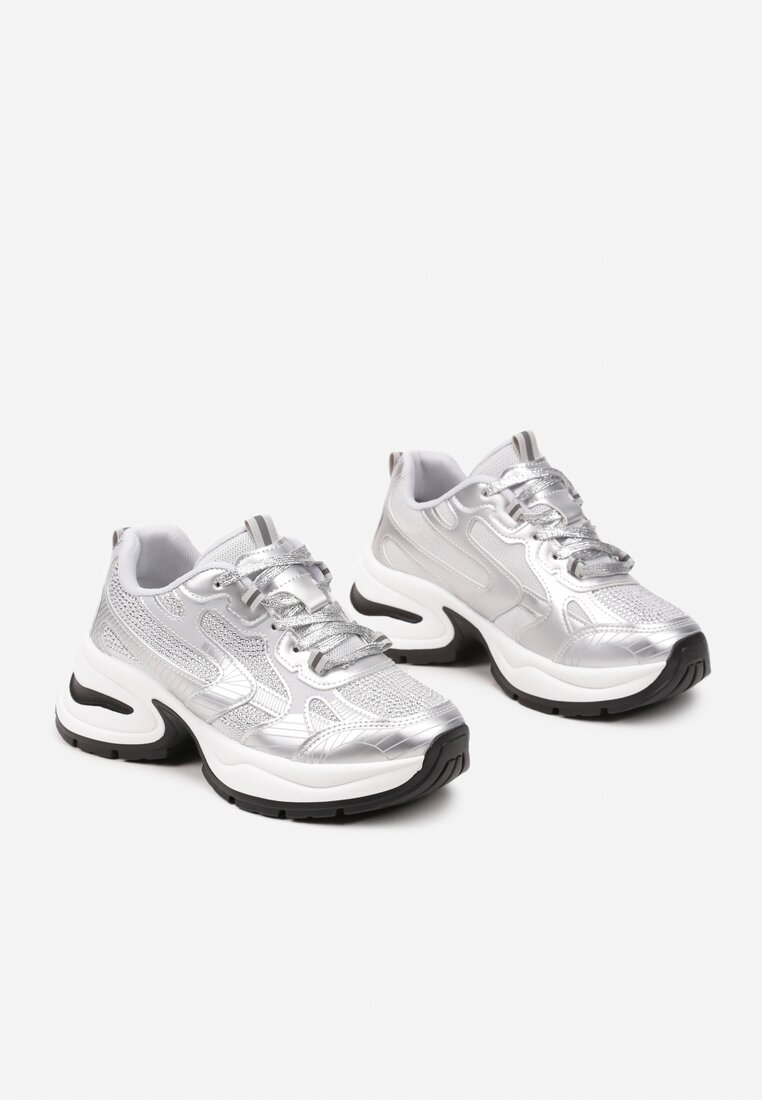 Srebrne Sneakersy Streetwearowe na Grubej Podeszwie Zdobione Brokatem Felanwea