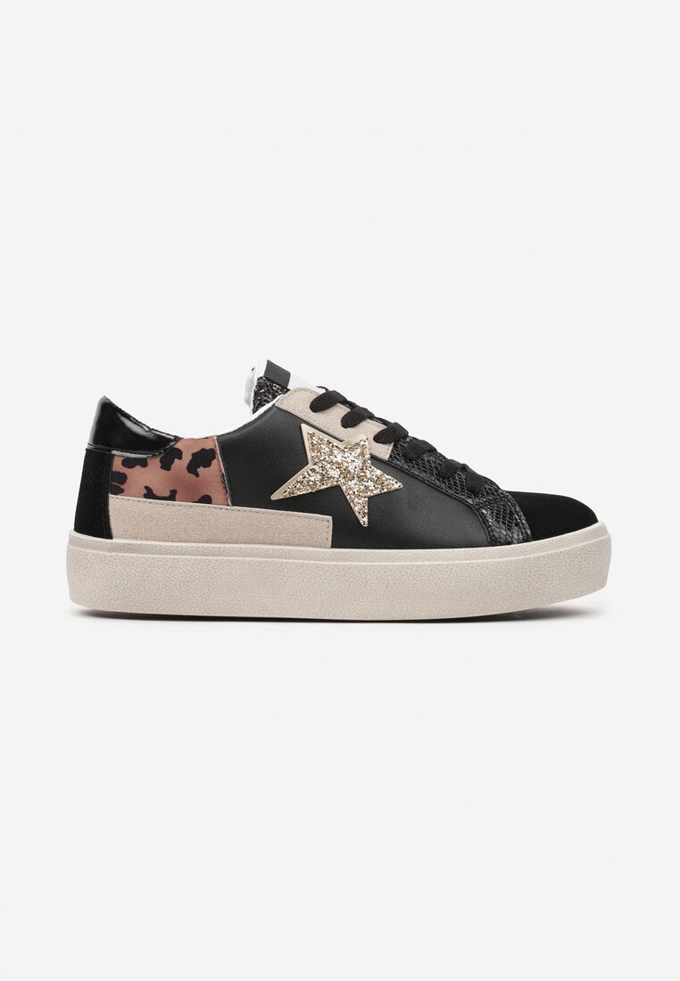 Czarne Sneakersy na Grubej Podeszwie Zdobione Brokatem Felthara