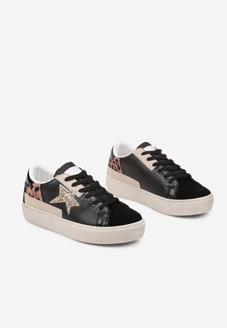 Czarne Sneakersy na Grubej Podeszwie Zdobione Brokatem Felthara