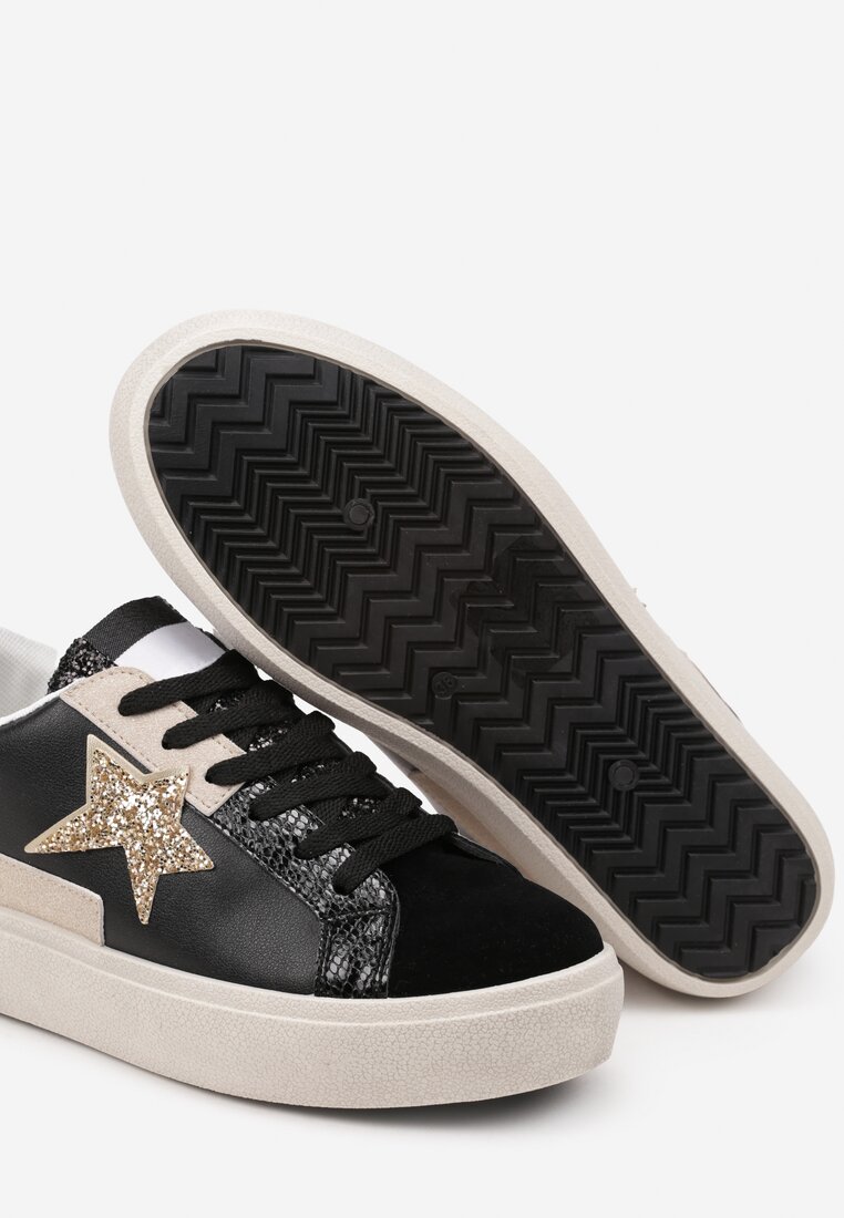 Czarne Sneakersy na Grubej Podeszwie Zdobione Brokatem Felthara