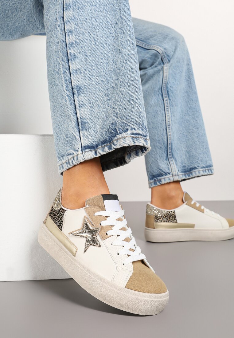 Ciemnobeżowe Sneakersy na Grubej Podeszwie Zdobione Brokatem Felthara