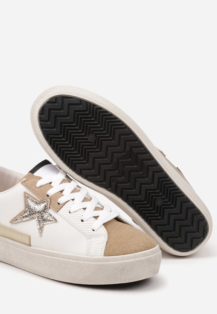 Ciemnobeżowe Sneakersy na Grubej Podeszwie Zdobione Brokatem Felthara