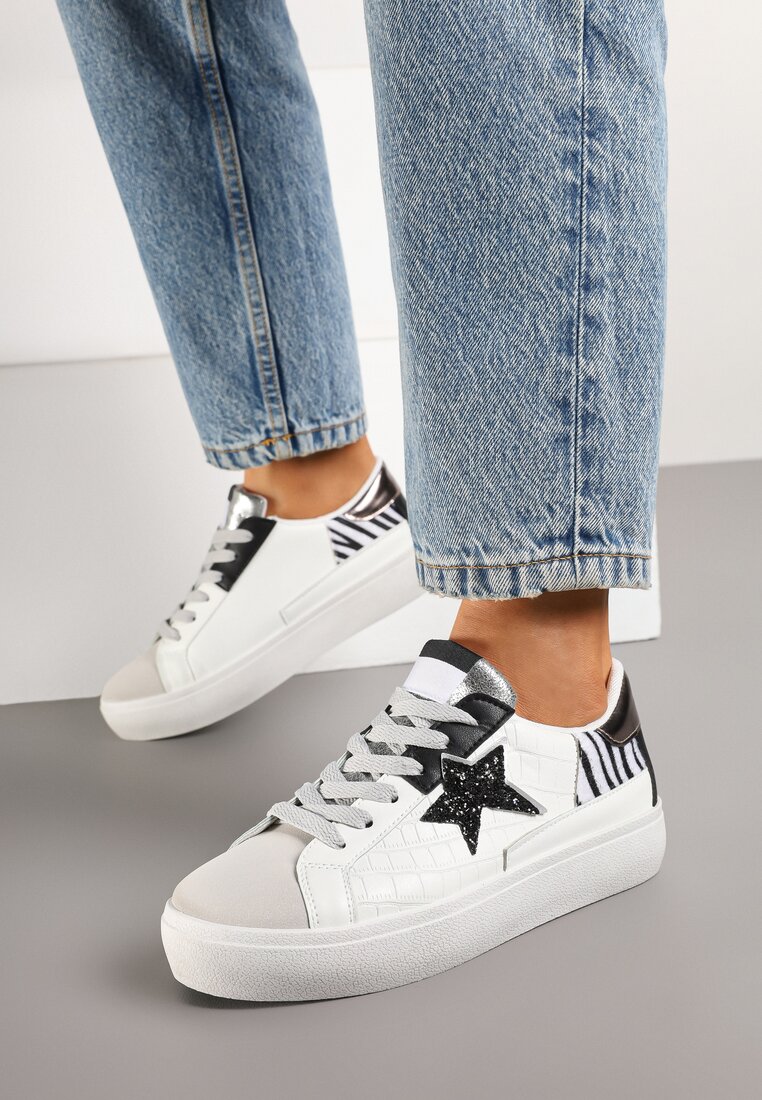 Biało-Szare Sneakersy na Grubej Podeszwie Zdobione Brokatem Felthara