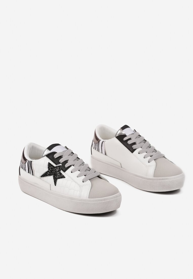 Biało-Szare Sneakersy na Grubej Podeszwie Zdobione Brokatem Felthara