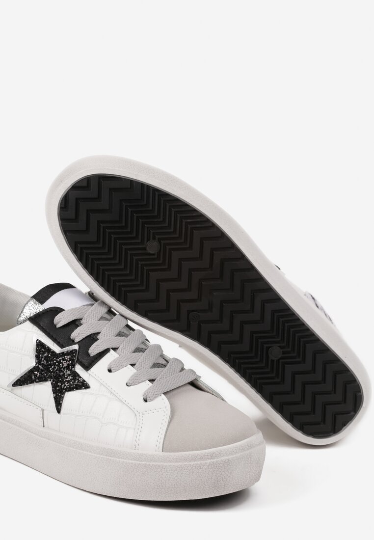 Biało-Szare Sneakersy na Grubej Podeszwie Zdobione Brokatem Felthara