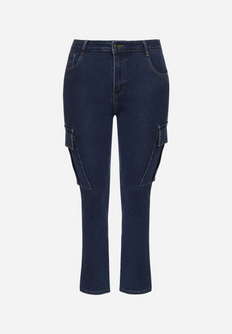 Granatowe Jeansy Cargo Regular Waist o Prostym Kroju Belvila