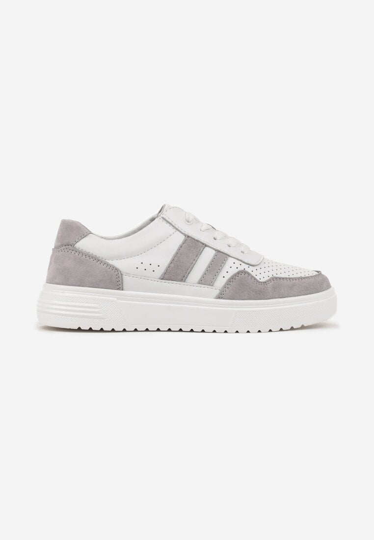 Biało-Szare Skórzane Sneakersy na Płaskiej Podeszwie z Perforacją i Ozdobione Paskami Terili