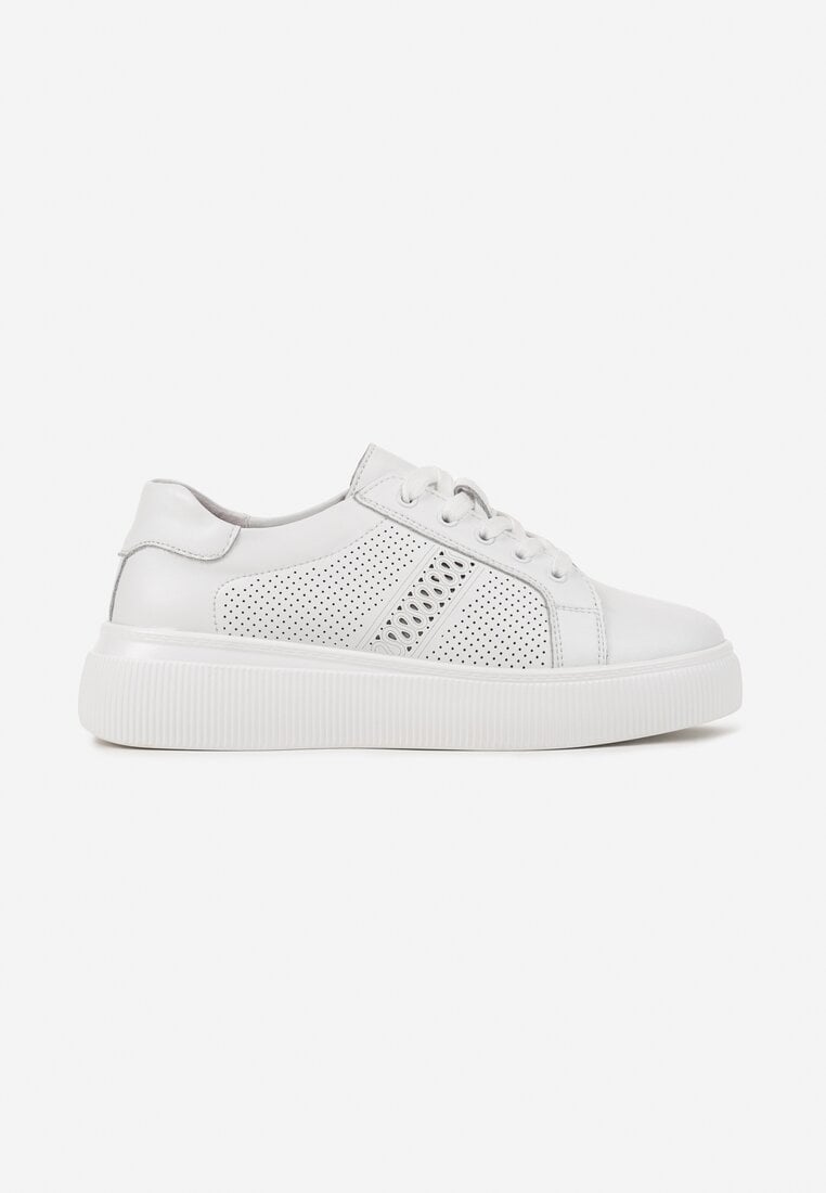 Białe Skórzane Sneakersy na Płaskiej Podeszwie ze Skórzaną Wkładką i Ażurową Cholewką Lorili