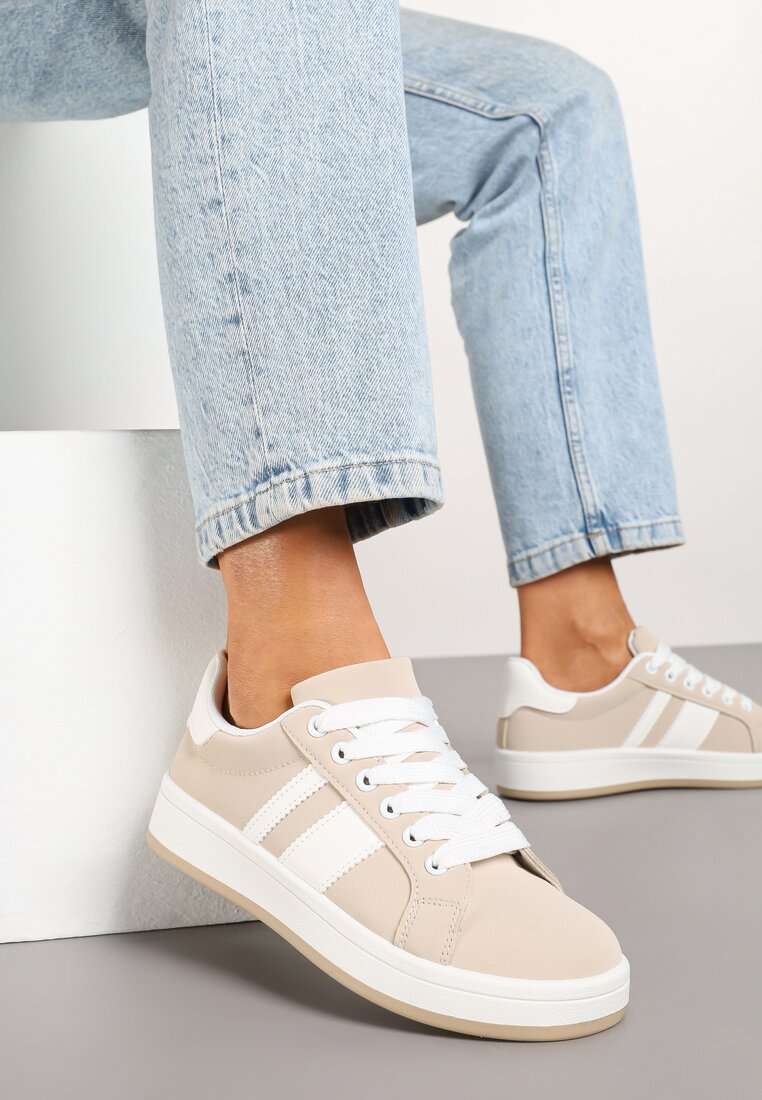 Beżowe Sneakersy na Płaskiej Podeszwie Ozdobione Paskami Ravesi