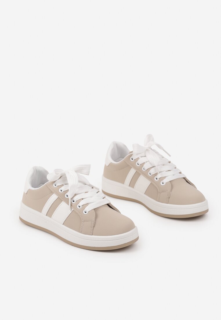 Beżowe Sneakersy na Płaskiej Podeszwie Ozdobione Paskami Ravesi
