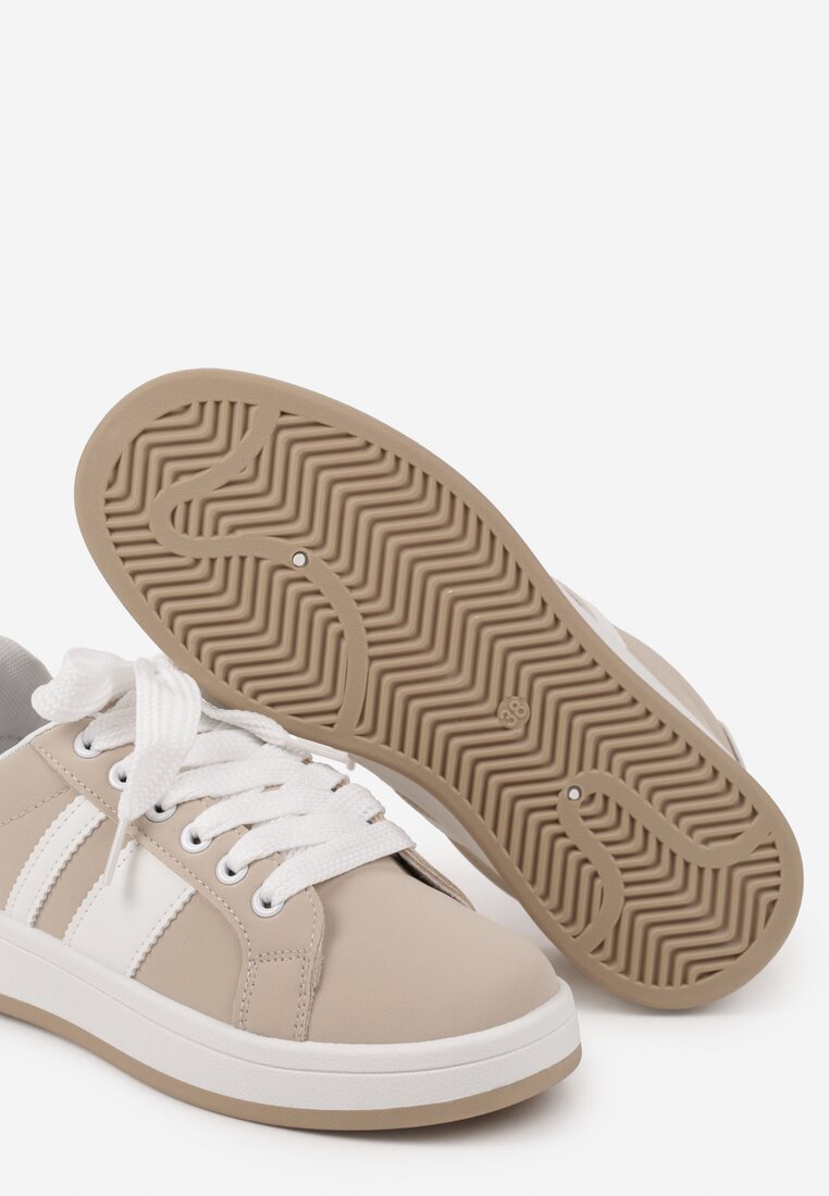 Beżowe Sneakersy na Płaskiej Podeszwie Ozdobione Paskami Ravesi