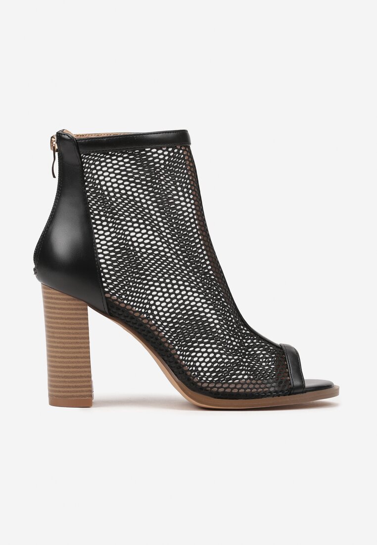 Czarne Siateczkowe Sandały Botki na Obcasie w Stylu Peep Toe Firidi