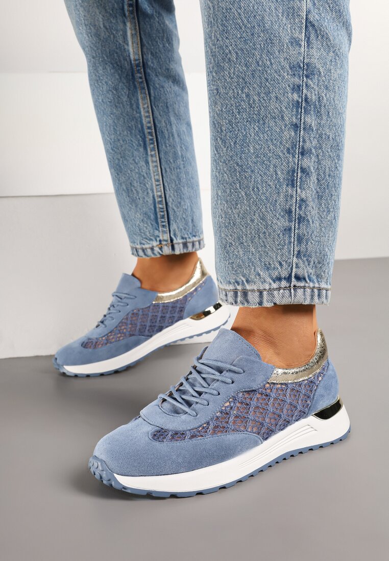 Niebieskie Sneakersy na Piankowej Podeszwie z Ażurową Cholewką Rineora