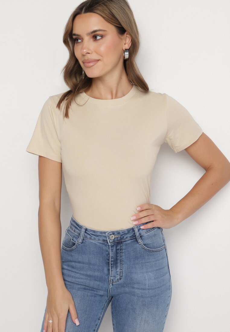 Beżowy Klasyczny T-shirt z Bawełny Lorali