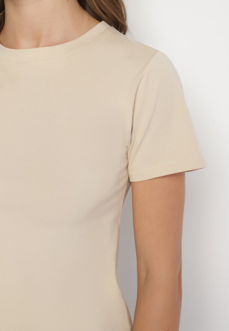 Beżowy Klasyczny T-shirt z Bawełny Lorali